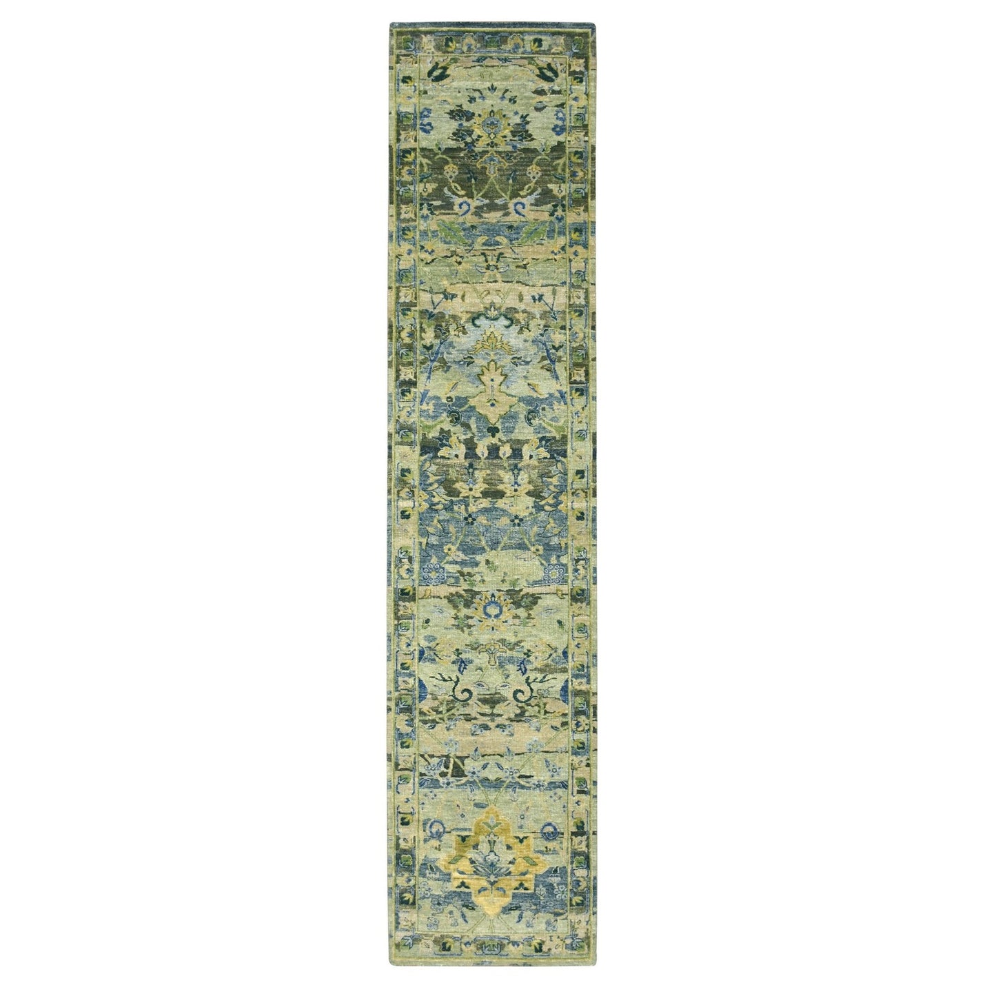 2'7"X12'3" Green Erased Birds Design Pure Wool Hand Knotted Runner Rug