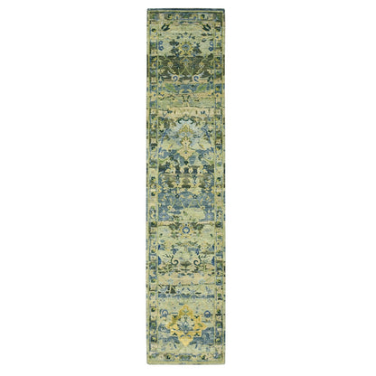2'7"X12'3" Green Erased Birds Design Pure Wool Hand Knotted Runner Rug