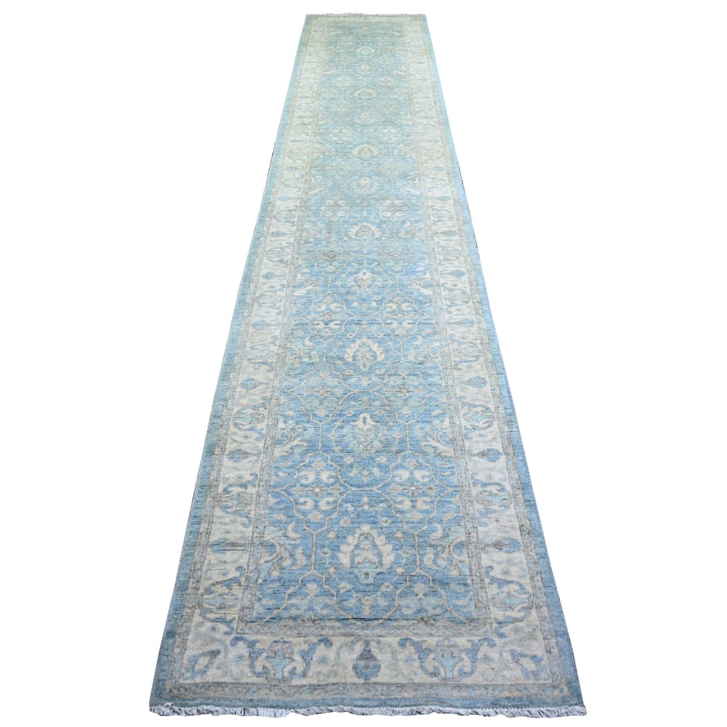 2'8"X15'2" Blue Finer Peshawar Wool Hand Knotted Xl Runner Oriental Rug