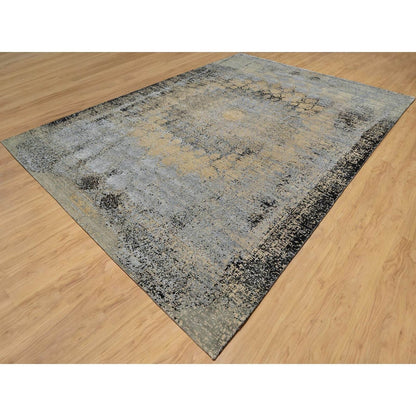 10'X14' Brown Broken And Erased Hand Knotted Silk And Wool Oriental Rug