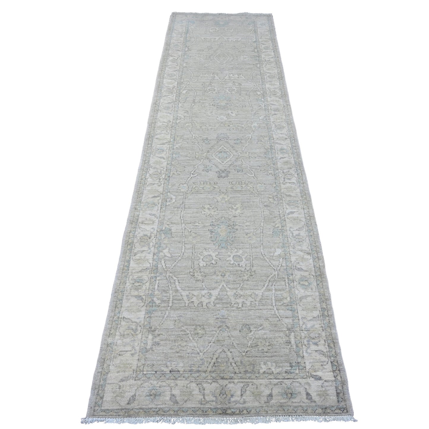 2'8"X10' Gray Washed Out Peshawar Leaf Motif Hand Knotted Wool Runner Rug
