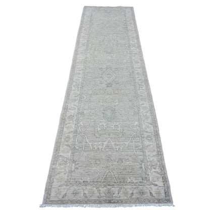2'8"X10' Gray Washed Out Peshawar Leaf Motif Hand Knotted Wool Runner Rug