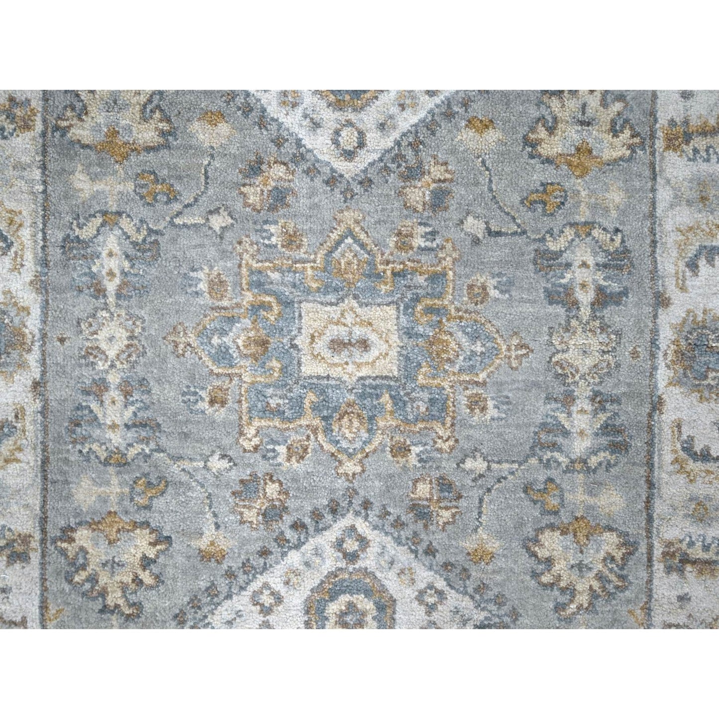 2'7"X6' Flannel Gray Karajeh Geometric Design Hand Knotted Shiny Wool Rug