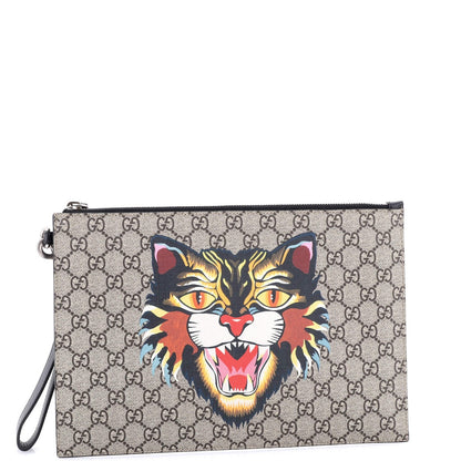Gucci Zipped Pouch Angry Cat Gg Coated Canvas Large