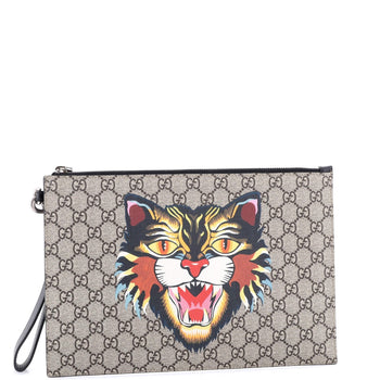Gucci Zipped Pouch Angry Cat Gg Coated Canvas Large
