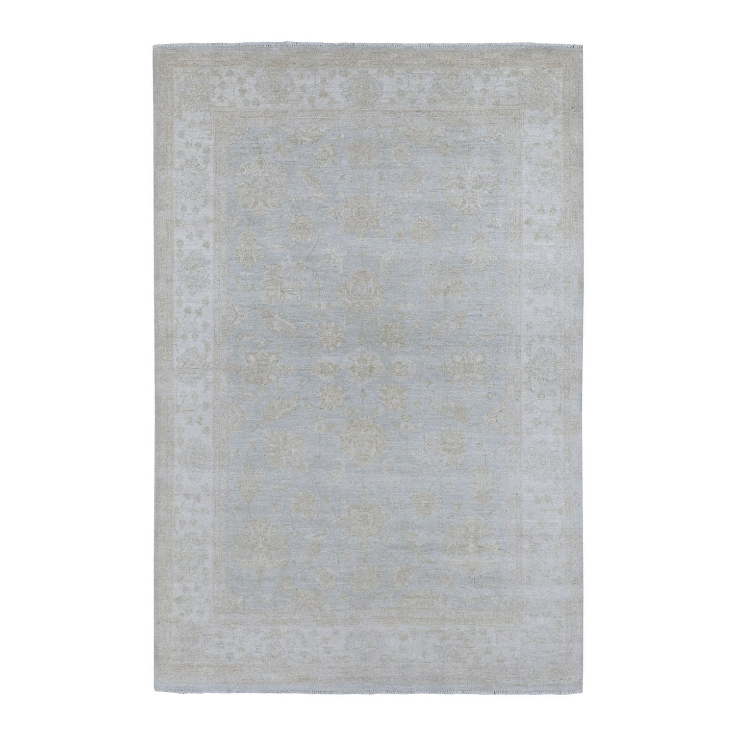 6'X8'10" White Wash Peshawar Pure Velvety Wool Light Gray Handknotted Rug