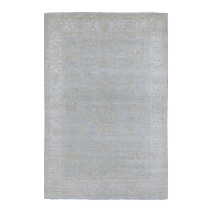 6'X8'10" White Wash Peshawar Pure Velvety Wool Light Gray Handknotted Rug