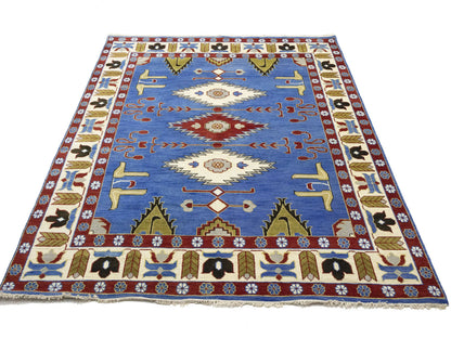 Farmho Boho Blue Geometric Kazak Oriental Rug