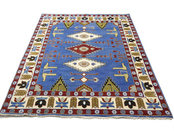 Farmho Boho Blue Geometric Kazak Oriental Rug