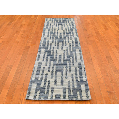 2'6"X10'3" Blue Pure Silk And Textured Wool Wide Runner Hand Knotted Rug