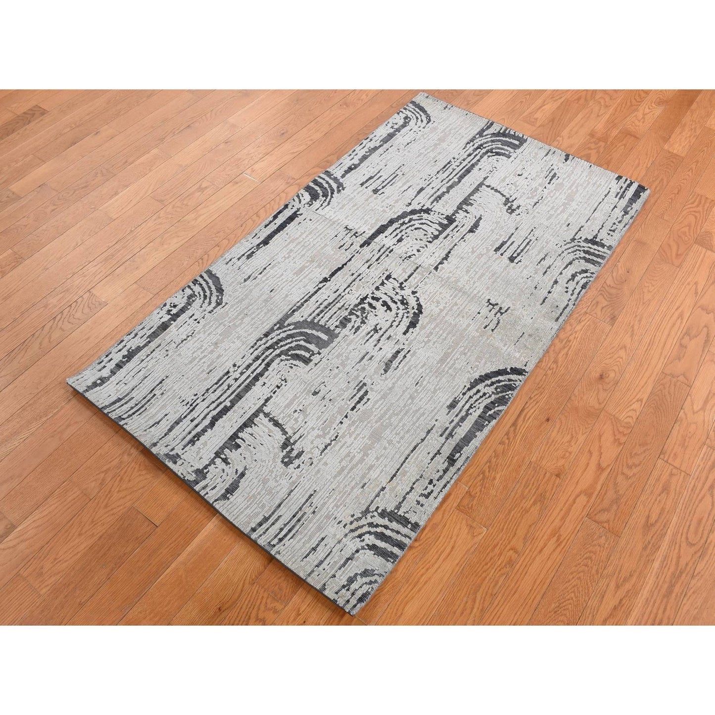 3'X5'6" Gray The Cane Pure Silk With Wool Hand Knotted Rug