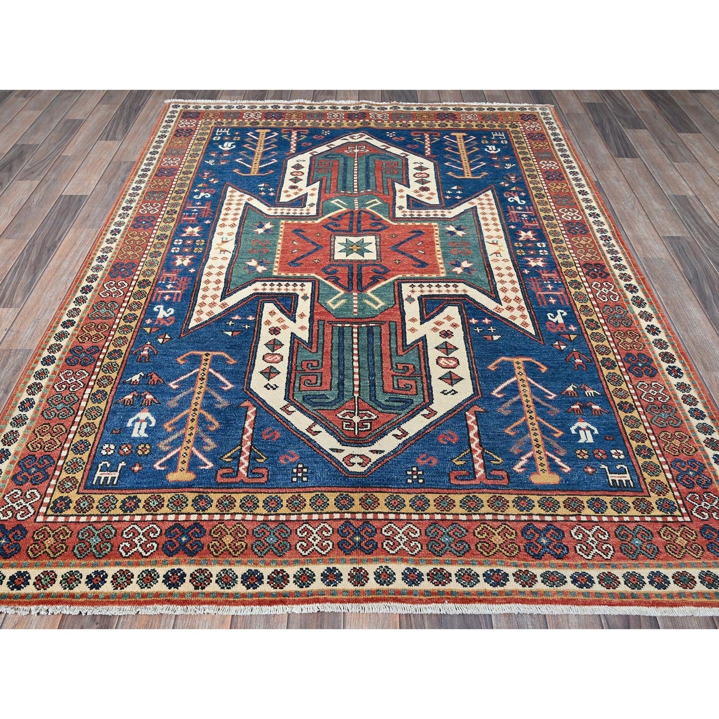 5'2"X7' Blue Swan Kazak With Animal Figurines Hand Knotted Soft Wool Rug