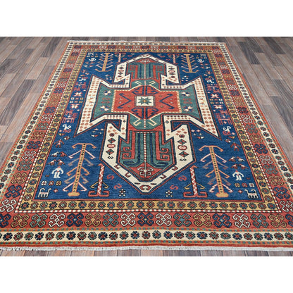 5'2"X7' Blue Swan Kazak With Animal Figurines Hand Knotted Soft Wool Rug