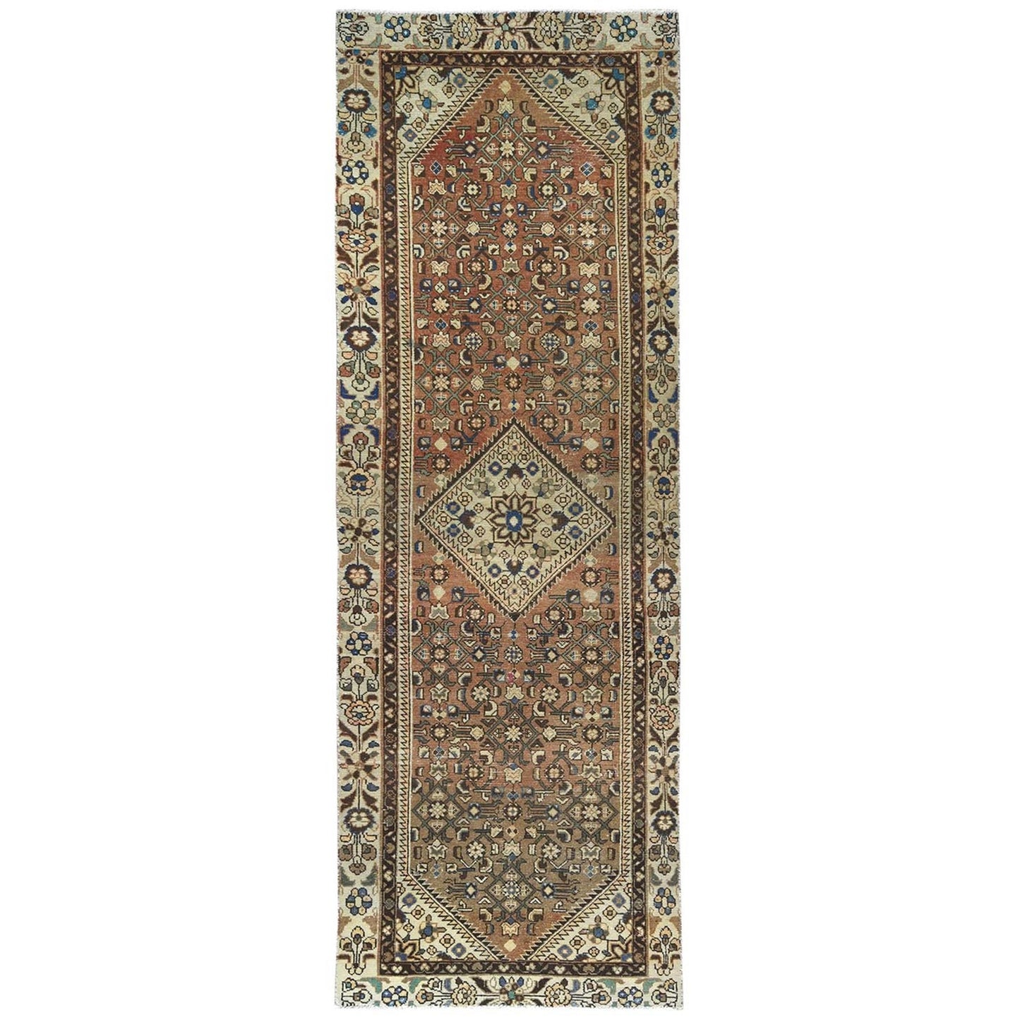 3'4"X10' Brown Vintage Farsian Amadan Pure Wool Hand Knotted Runner Rug