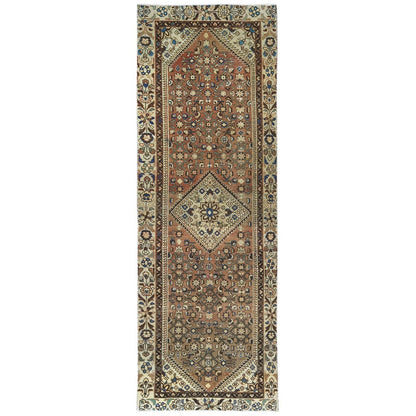3'4"X10' Brown Vintage Farsian Amadan Pure Wool Hand Knotted Runner Rug