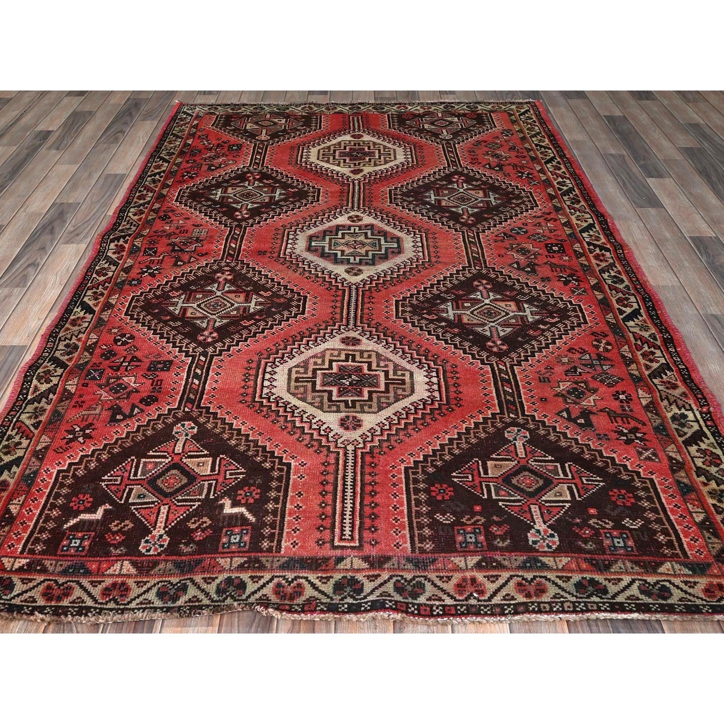 5'2"X7'10" Blush Red Vintage Zoroastrian Sheeraz Hand Knotted Pure Wool Rug