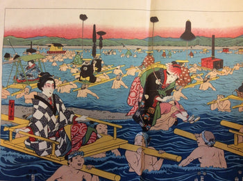 1856 Perry Expedition Japan Ukiyo-E Facsimile Lithograph Oi River Crossing Color