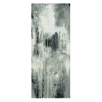 4'X10' Shadow Black Hand Knotted Abstract Wool And Silk Wide Runner Rug