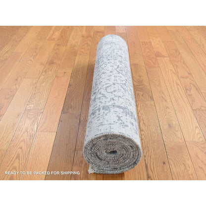 2'7"X7'10" Gray Hand Knotted Zoroastrian Design Wool And Silk Runner Rug