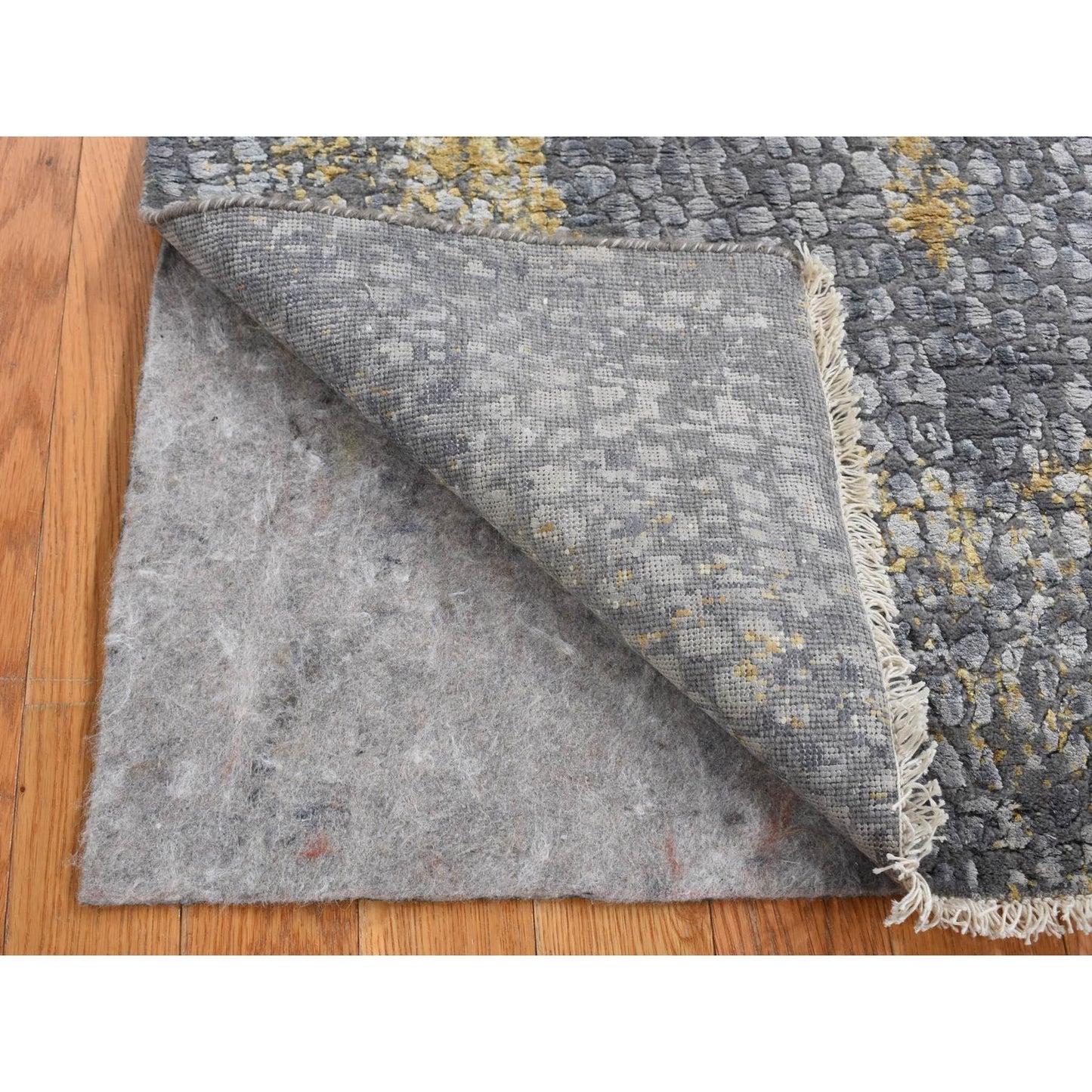 3'2"X9'10" Gray Zoroastrian Design Wool And Silk Runner Hand Knotted Rug