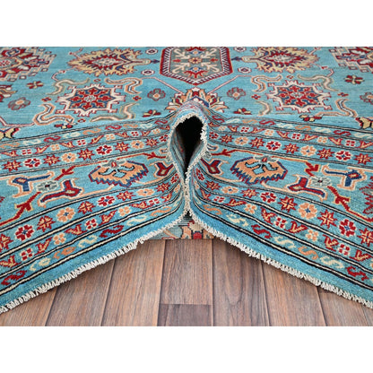 9'X12'1" Fanfare Blue Kazak Geometric Hand Knotted 100% Wool Oriental Rug