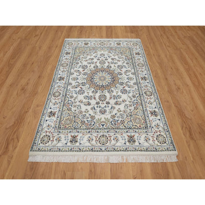 4'8"X6'10" Ivory Nain With Flower Design Hand Knotted Wool And Silk Rug
