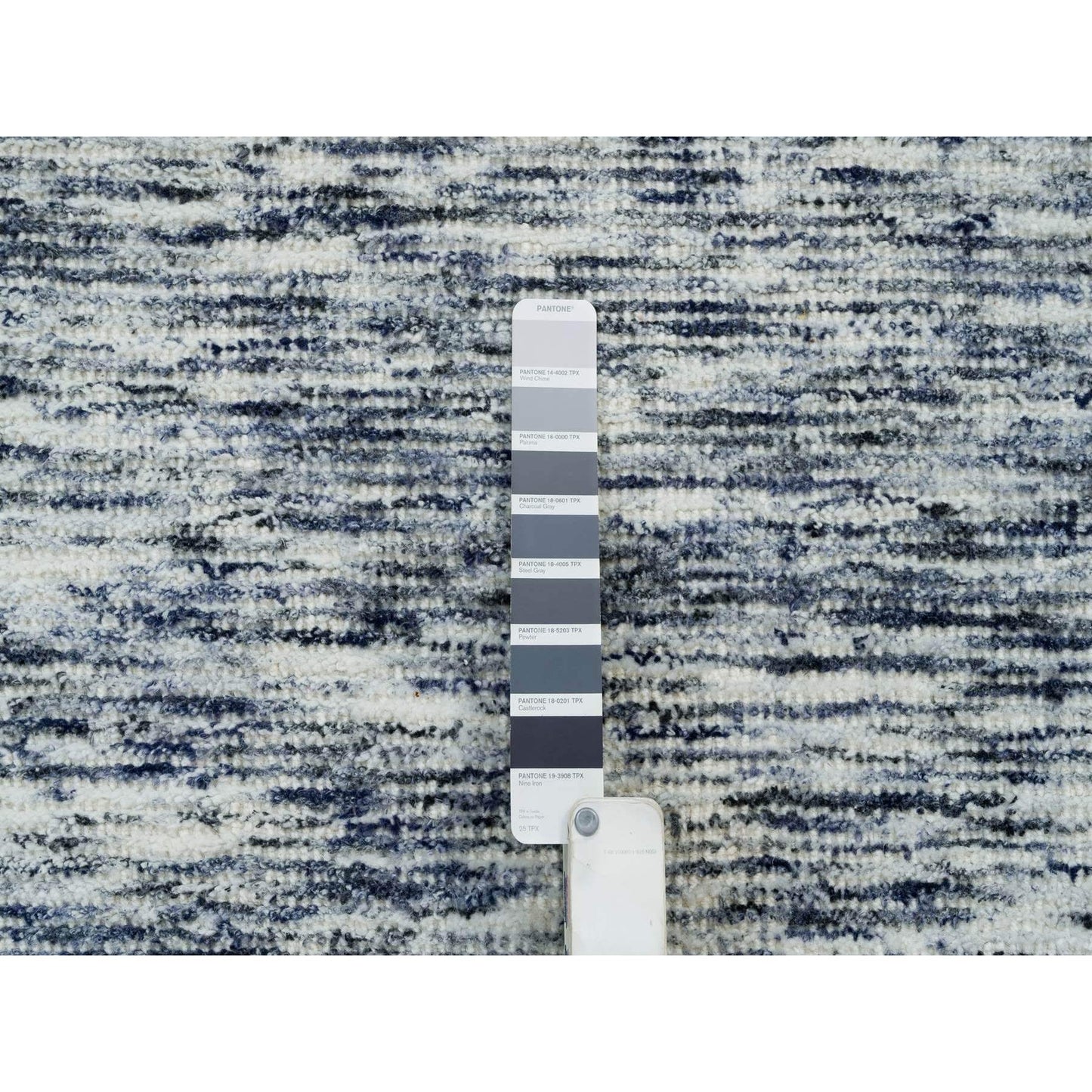 12'X12' Blue Modern Striae Design Pure Wool Hand Loomed Round Rug