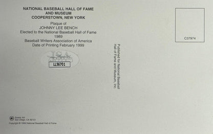 Johnny Bench Autographed Baseball Hall Of Fame Plaque Postcard (Jsa)