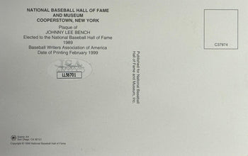 Johnny Bench Autographed Baseball Hall Of Fame Plaque Postcard (Jsa)