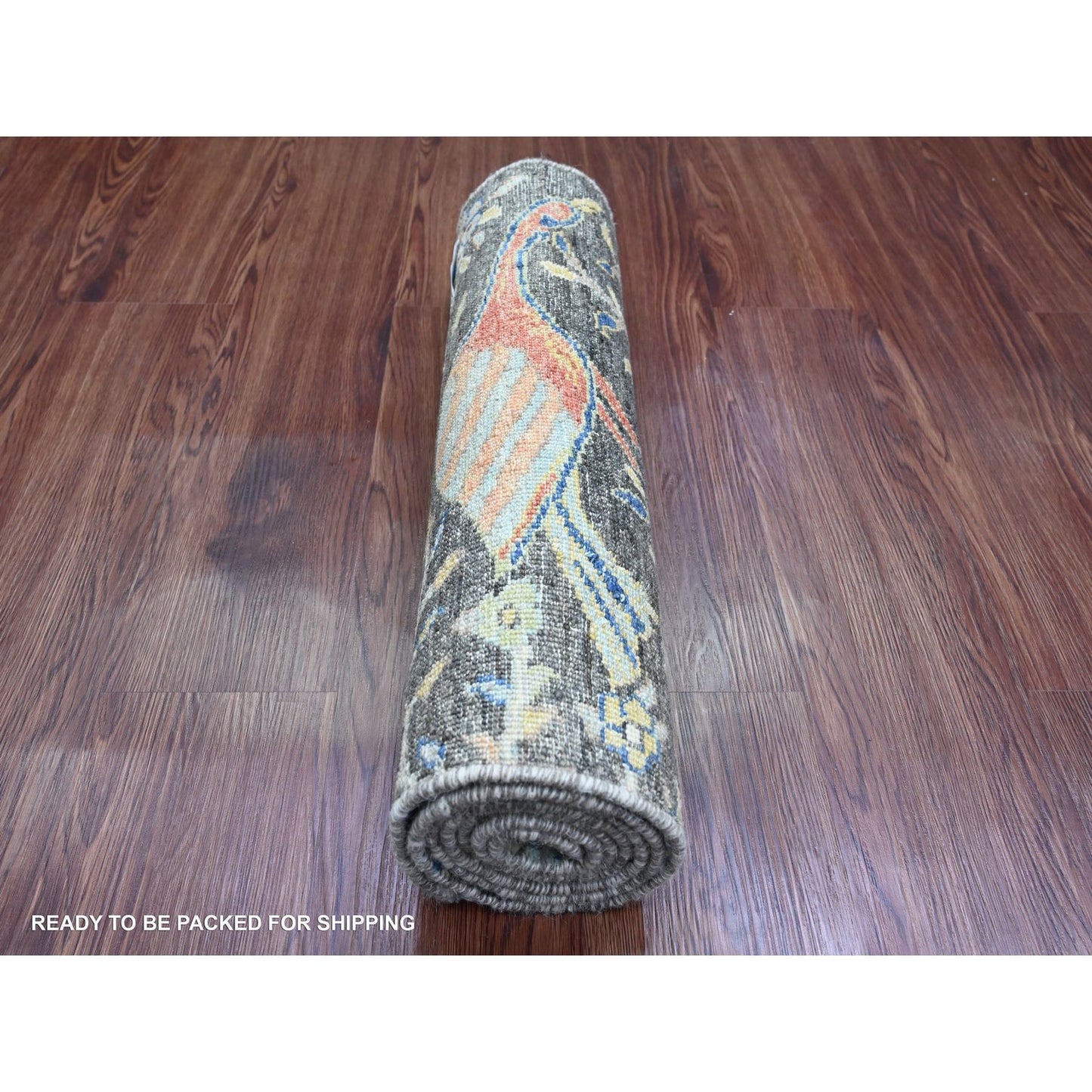 2'X6'2" Gray Hand Knotted Afghan Peshawar Birds Design Wool Runner Rug