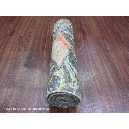 2'X6'2" Gray Hand Knotted Afghan Peshawar Birds Design Wool Runner Rug