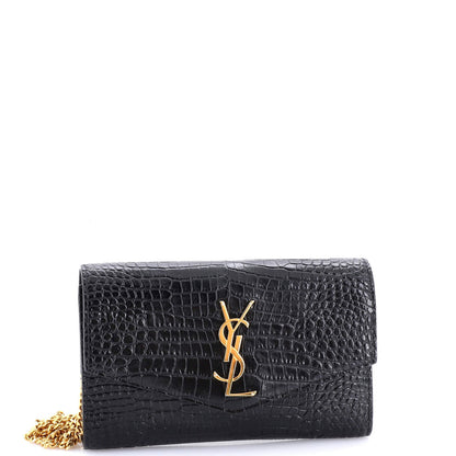 Saint Laurent Uptown Chain Wallet Crocodile Embossed Leather