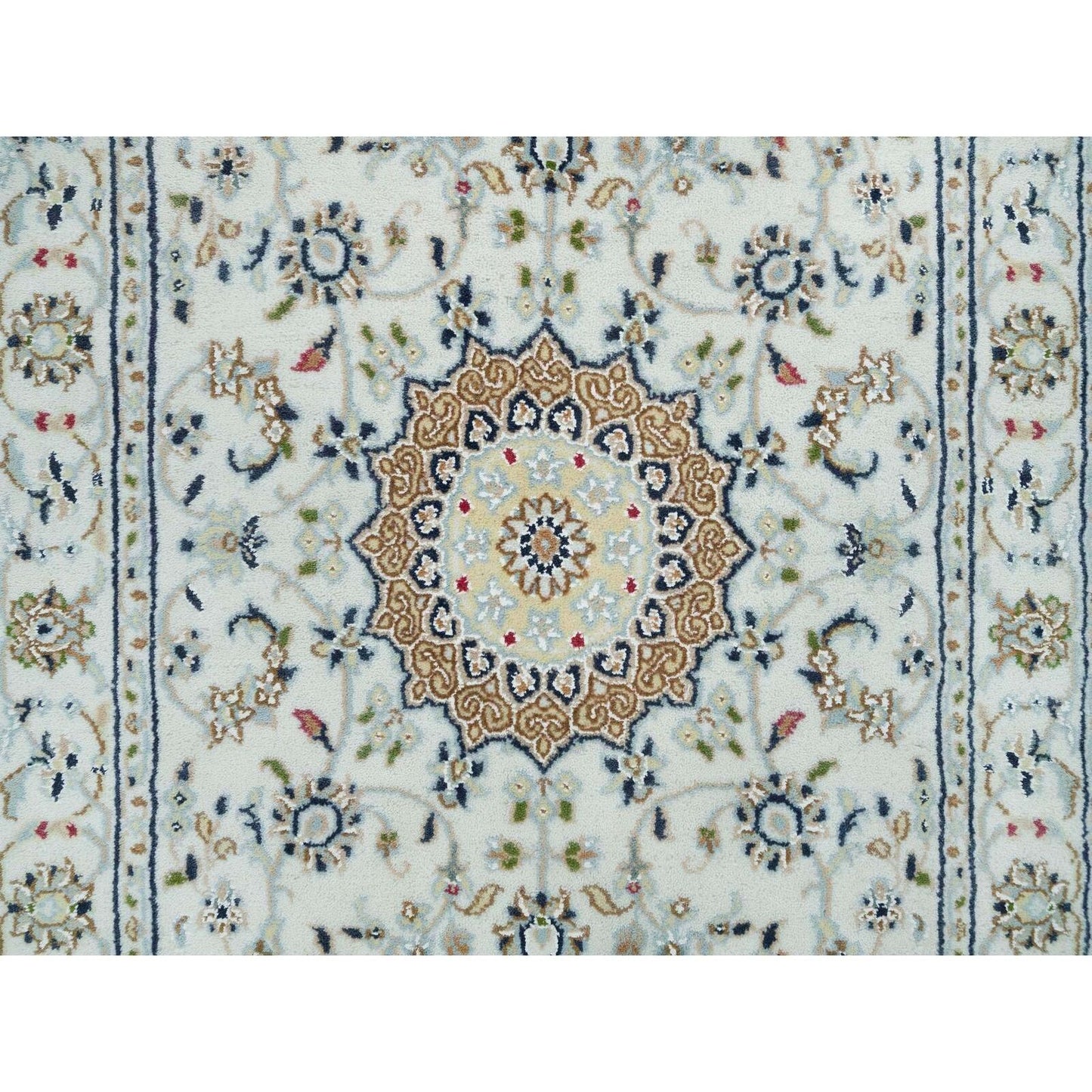 2'8"X8'4" Powder White Wool Hand Knotted Nain Design 250 Kpsi Runner Rug