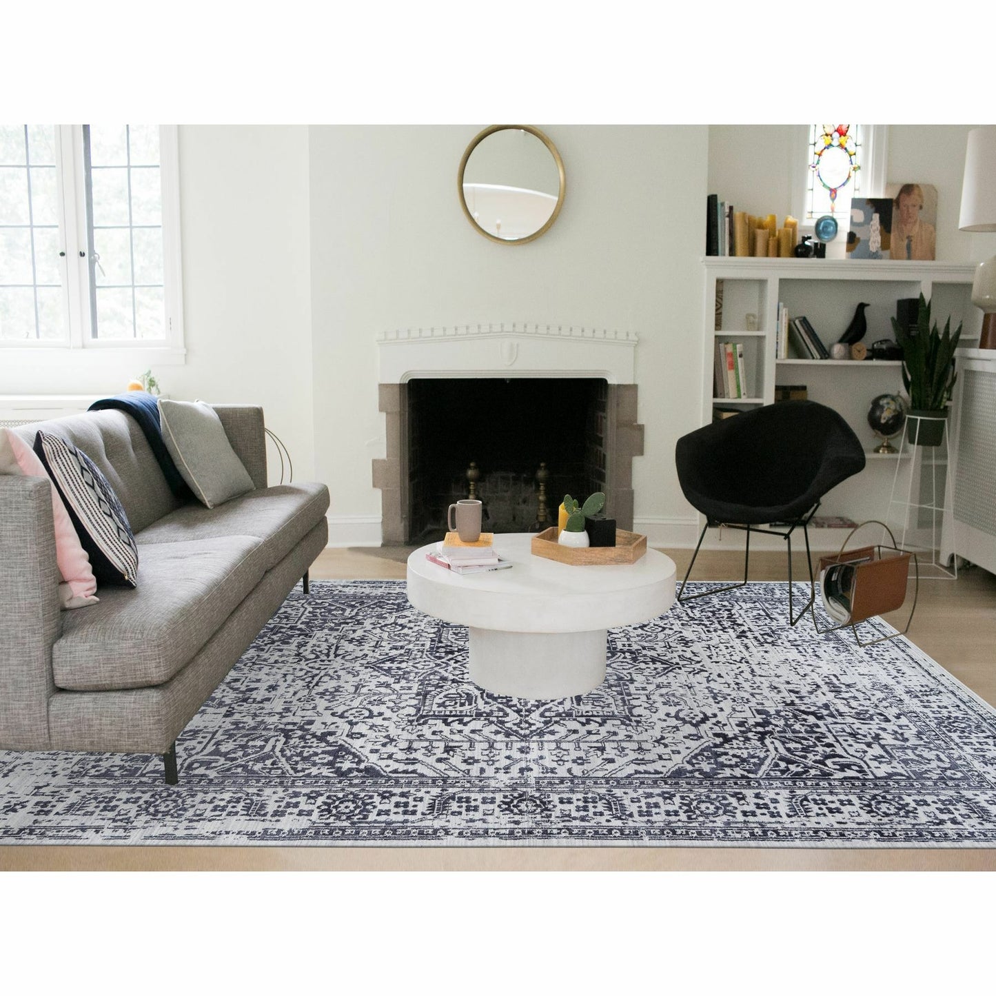 9'X11'10" Black Serapi Heris Design Wool And Silk Hand Loomed Rug