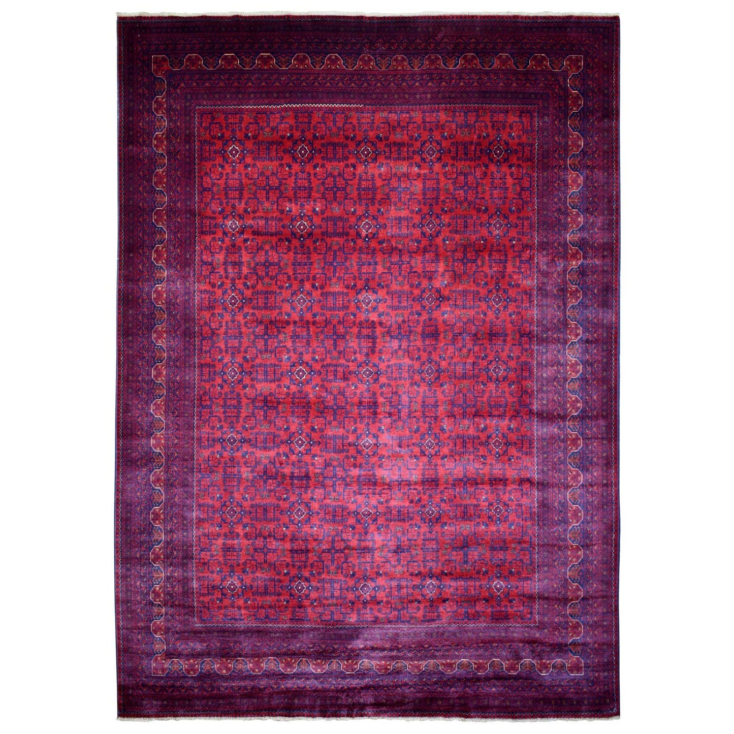 10'X12'10" Red Hand Knotted Soft Wool Afghan Khamyab Geometric Design Rug