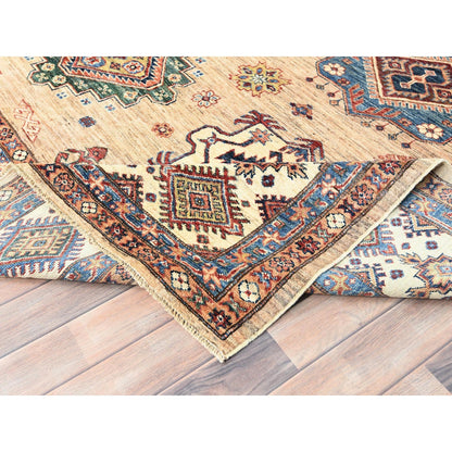 9'X12' Honey Brown Pure Wool Hand Knotted Afghan Super Kazak Rug