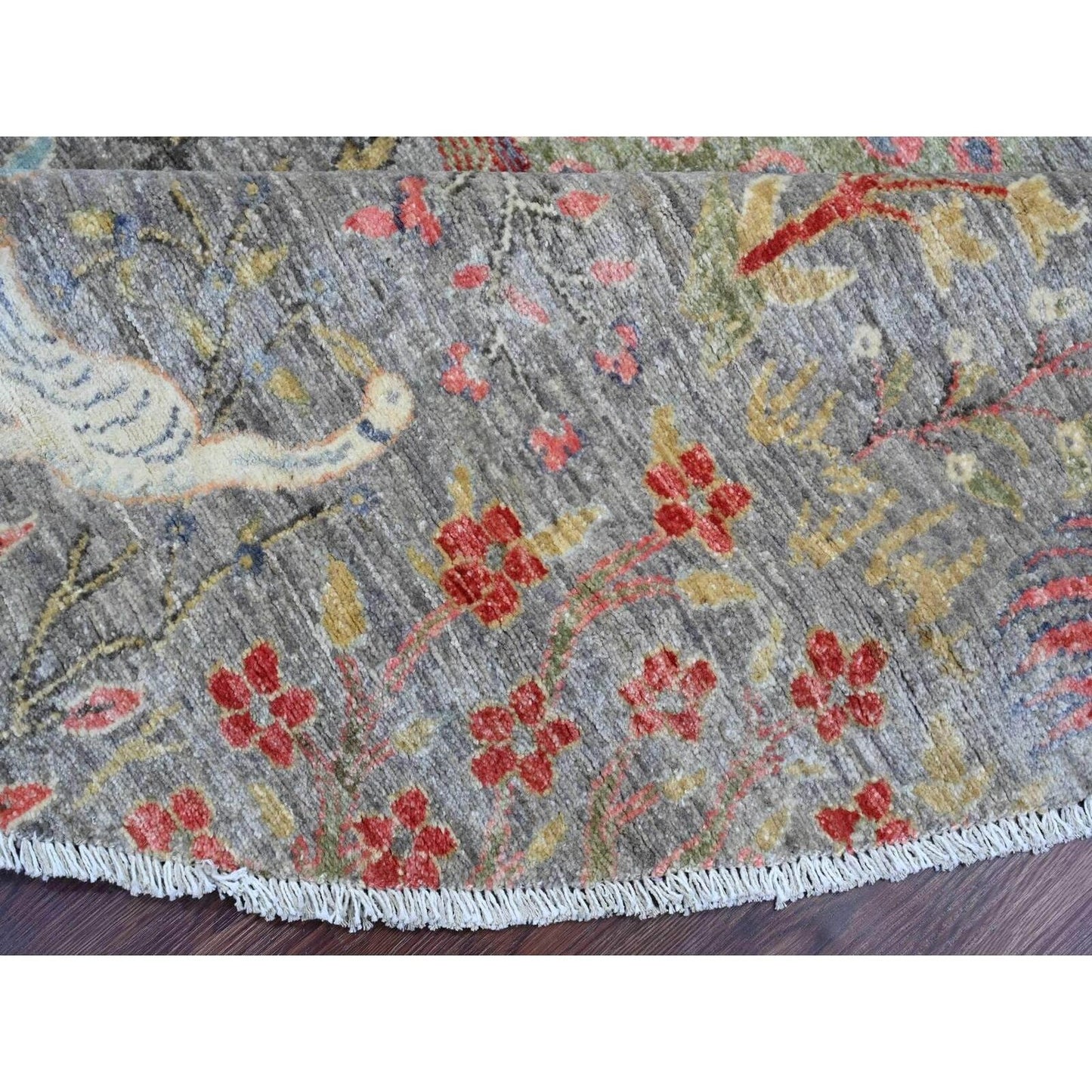 7'9"X7'9" Gray Birds Of Paradise Design Hand Knotted Soft Wool Round Rug