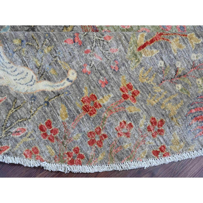 7'9"X7'9" Gray Birds Of Paradise Design Hand Knotted Soft Wool Round Rug