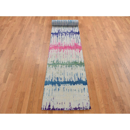 2'7"X14' The Cardiac Sari Silk With Textured Wool Runner Hand Knotted Rug