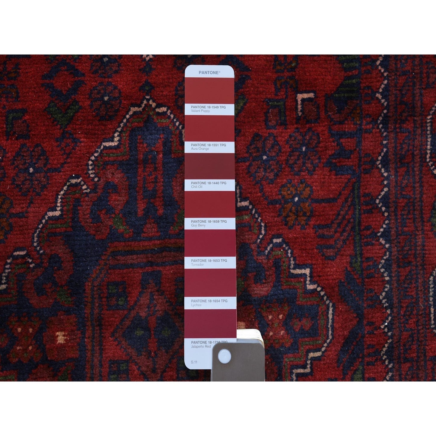 2'8"X13'1" Red Afghan Khamyab Pure Wool Geometric Design Hand Knotted Rug