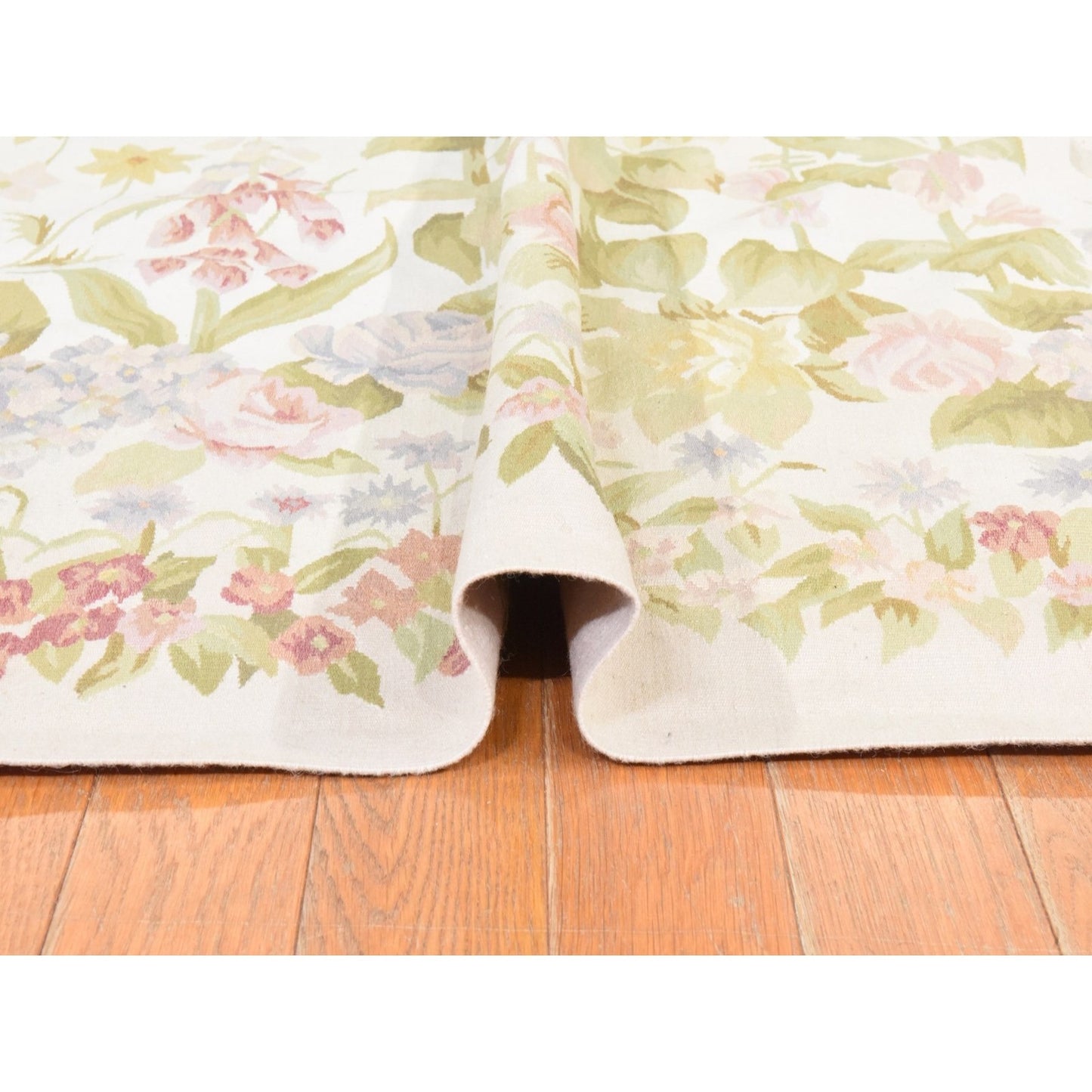 8'x10'2" Ivory Aubusson Botanical Pattern Flat Weave Hand Woven Wool Rug