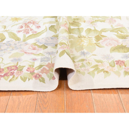 8'x10'2" Ivory Aubusson Botanical Pattern Flat Weave Hand Woven Wool Rug