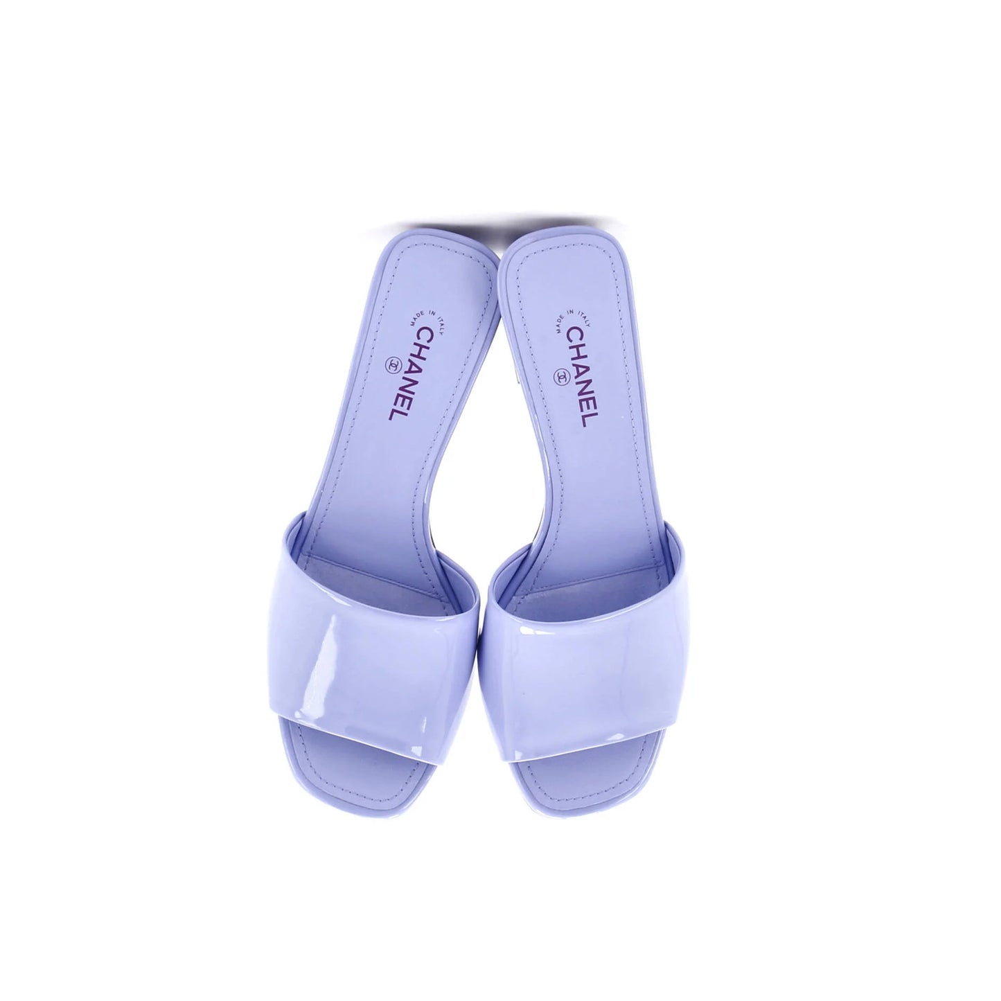 Chanel Women'S Cc Block Heeled Mule Sandals Patent