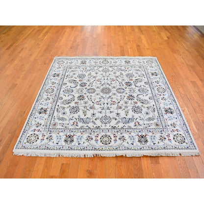 6'1"X6'1" Ivory Wool 250 Kpsi All Over Flower Design Nain Hand Knotted Rug