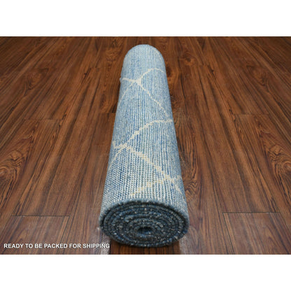 2'6"X11'2" Denim Blue Hand Knotted Moroccan Berber Pure Wool Rug