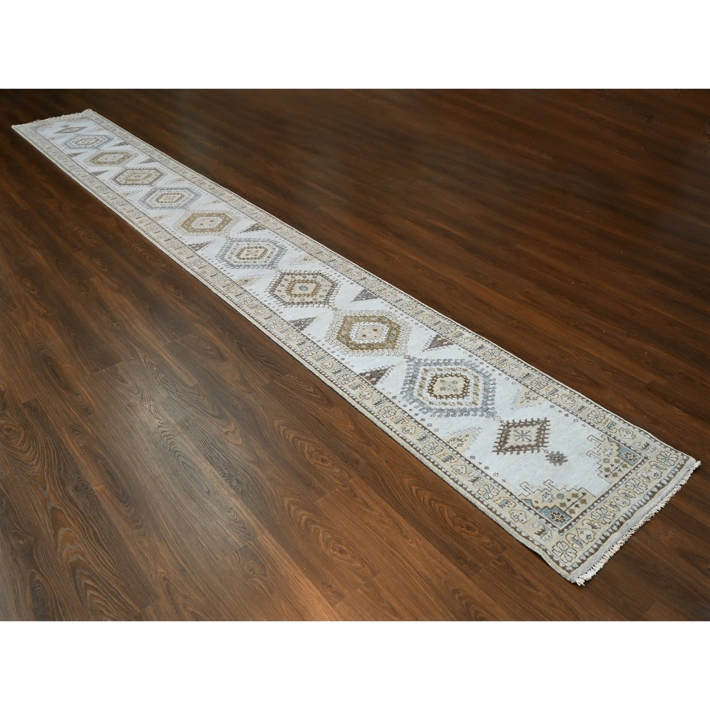 2'7"X19'10" Gray Hand Knotted Pure Wool Zoroastrian Village Xl Runner Rug