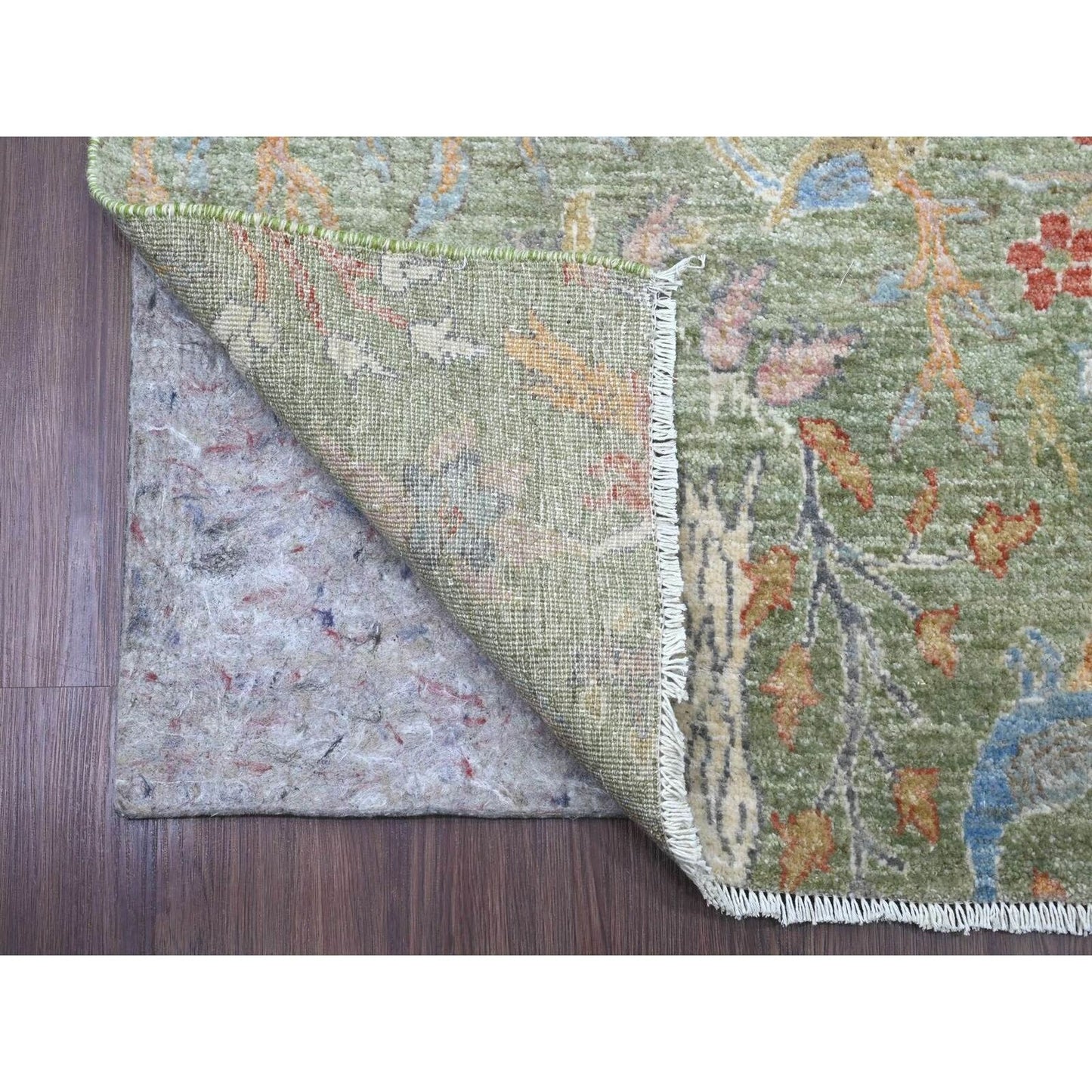 2'6"X24' Green Peshawar Birds Design Soft Wool Hand Knotted Runner Rug