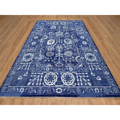 9'X12'3" Yale Blue Tebraz With Leaf Motifs Hand Knotted Wool And Silk Rug