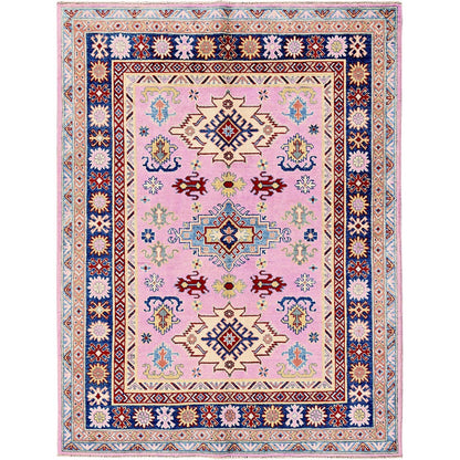 5'X6'7" Aurora Pink Kazak With Geometric Design Hand Knotted Pure Wool Rug