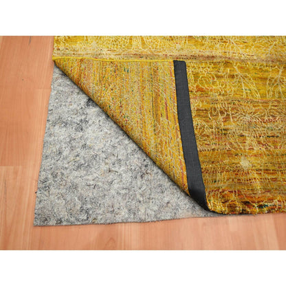 8'X9'3" Golden Brown With Green Modern Design Sari Silk Hand Knotted Rug